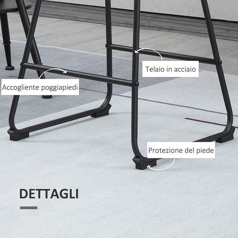 Sgabelli Da Bar, Set 2 Pezzi Con Seduta Imbottita, Schienale E Gambe a Slitta, in PU E Acciaio, 43X43X81.5Cm, Nero