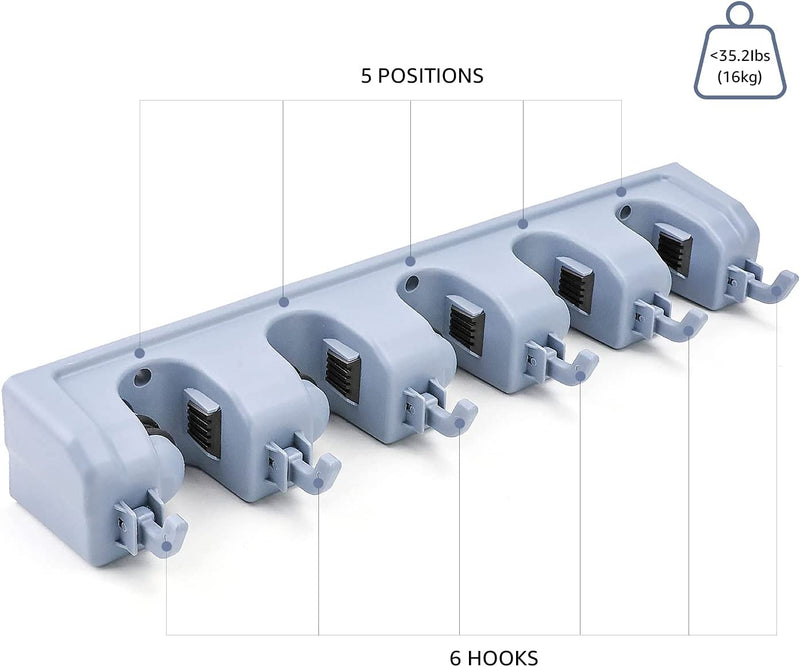 Porta Scopa Con Supporto Da Parete E Organizer per Attrezzi Da Giardino Con 6 Ganci, Grigio