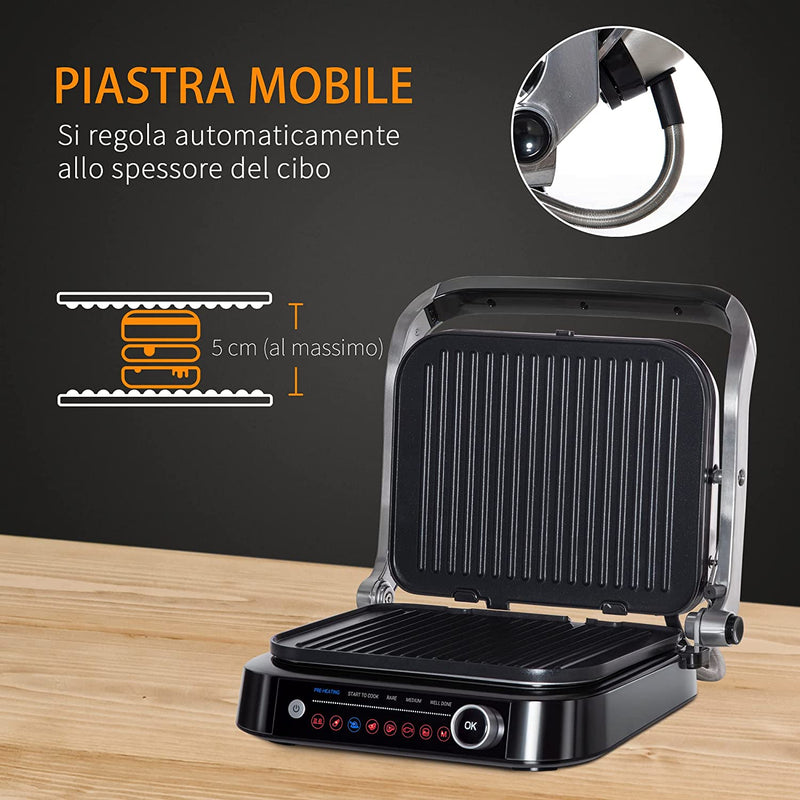 Piastra Elettrica 2100W Apribile a 180°, 8 Programmi Di Cottura, Bistecchiera Elettrica Con Piastre Antiaderenti E Rimovibili