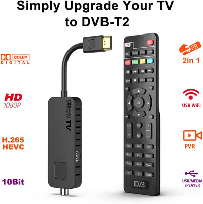 Decoder DVB-T2 Decoder Digitale Terrestre 2023 - HDMI TV Stick, Dolby Audio HD 1080P H265 HEVC Main 10 Bit, Supporto USB Wifi/Multimedia/Pvr [Includere 2In1 Telecomando Universale]