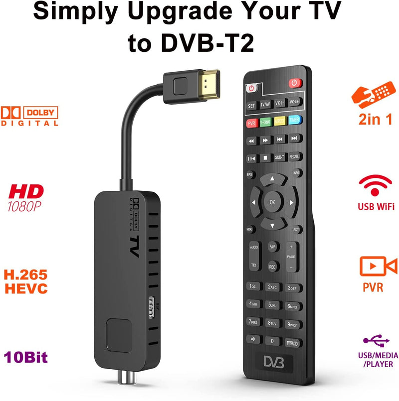 Decoder DVB-T2 Decoder Digitale Terrestre 2023 - HDMI TV Stick, Dolby Audio HD 1080P H265 HEVC Main 10 Bit, Supporto USB Wifi/Multimedia/Pvr [Includere 2In1 Telecomando Universale]