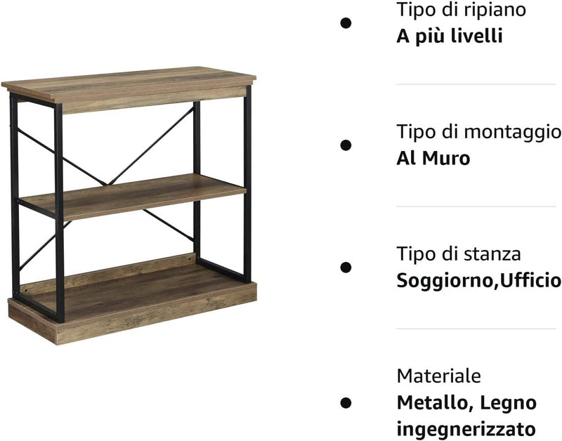 Scaffale Libreria in Stile Industriale, Mobile Multiuso in Legno Marrone E Metallo Nero, 80X36X81.3Cm