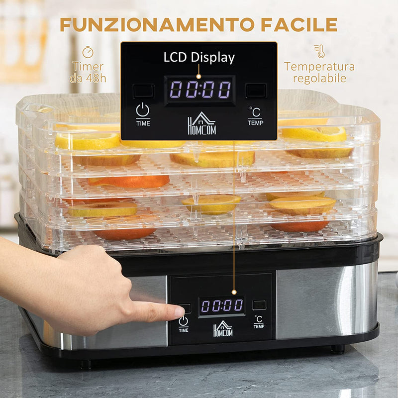 Essiccatore per Alimenti 245W a 5 Vassoi Con Monitor LCD, Timer E Controllo Temperatura, in Acciaio Inox, PS E ABS, 32X25X29Cm, Argento