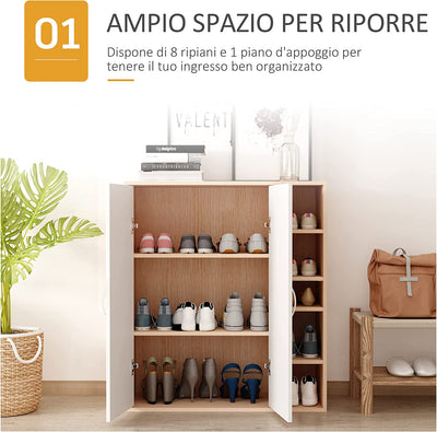 Scarpiera Slim Da Parete, Mobile Multiuso Con 2 Ante E Ripiani Regolabili per Camera Da Letto E Ingresso, in Legno, 80X32X91Cm