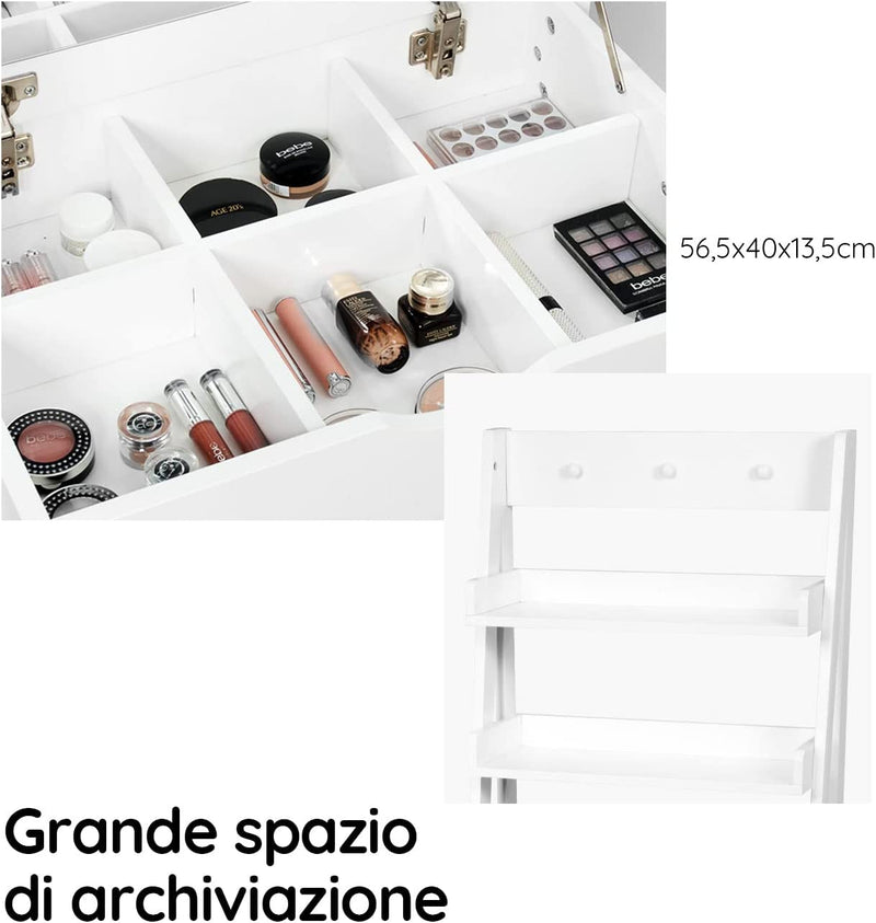 Toeletta per Camera Da Letto, Mobile Da Trucco, Tavolo Da Toeletta Con Specchio, 60X40X180Cm, Bianco