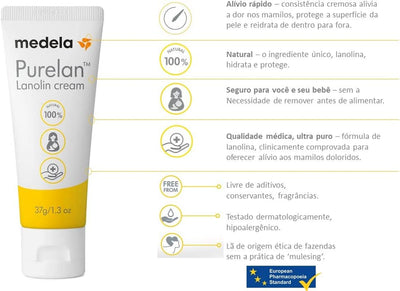 Purelan 37G Crema per Capezzoli Alla Lanolina Sollievo Rapido per Capezzoli Doloranti E Pelle Secca, 100% Naturale, Ipoallergenico, Dermatologicamente Testato E Senza Profumo