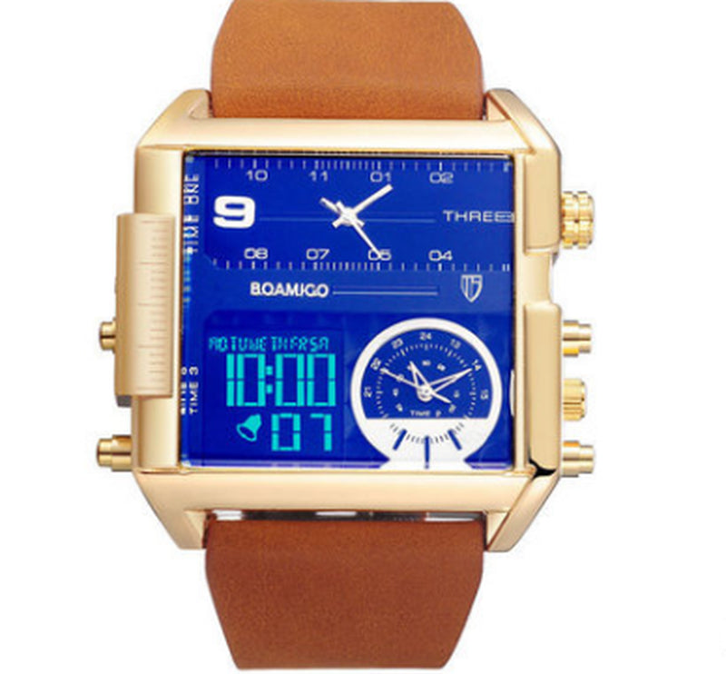 Men Sports Watches Man Military Chronograph Digital Watch Leather Rectangle Quartz Wristwatches