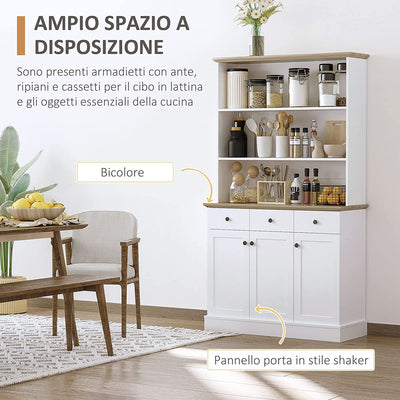 Credenza Da Cucina in Legno Bianco Con 3 Ripiani, 3 Cassetti E 2 Armadietti 101X39X180.5 Cm