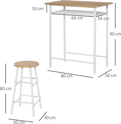 Set Bancone Bar Con 2 Sgabelli Alti in Legno Stile Nordico, Tavolo Alto Con Mensola E Sgabelli Cucina Con Poggiapiedi, Bianco