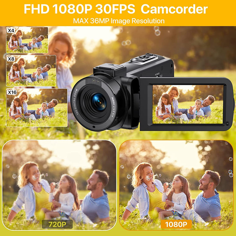 Videocamera Digitale FHD 1080P Camcorder 30FPS Vlogging Camera per Youtube 16X Zoom Digitale E IR Visione Notturna 3.0" IPS Schermo Videocamera Camcorder Con 2 Batterie E Telecomando