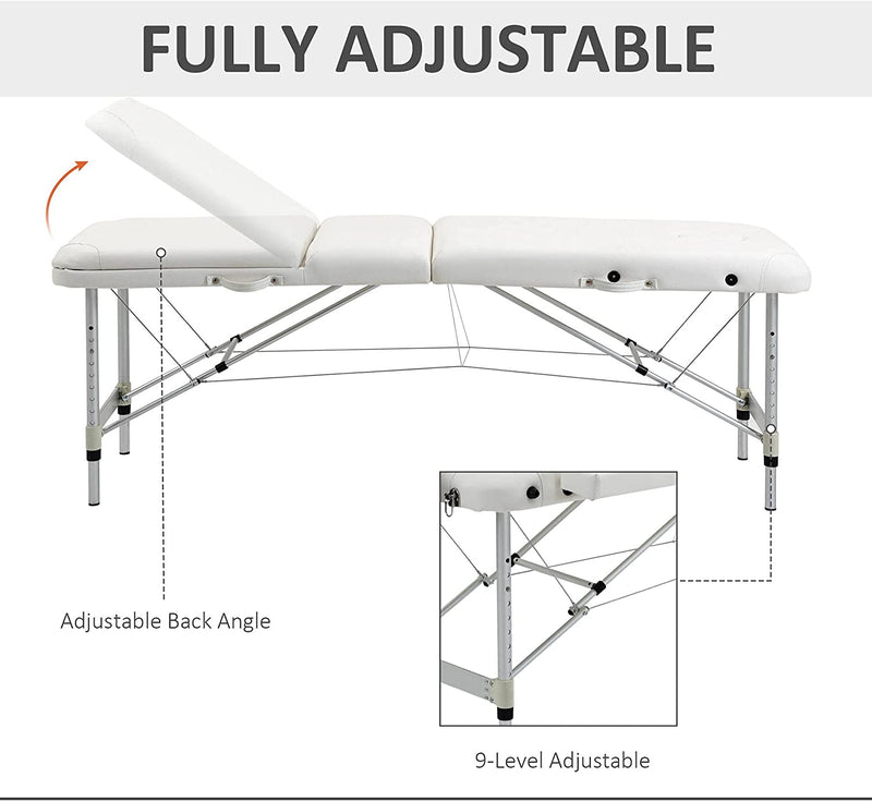 Lettino Massaggi Portatile, Pieghevole E Professionale in Alluminio per Estetista, Terapista, SPA, Bianco, 215X60X61-84Cm