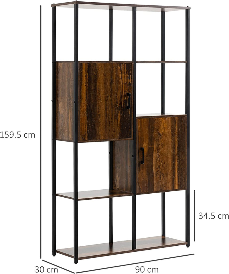 Libreria Moderna Stile Industriale Con 4 Ripiani E 2 Armadietti, Scaffale in Metallo E Legno per Casa E Ufficio, 90X30X159.5Cm, Nero E Marrone