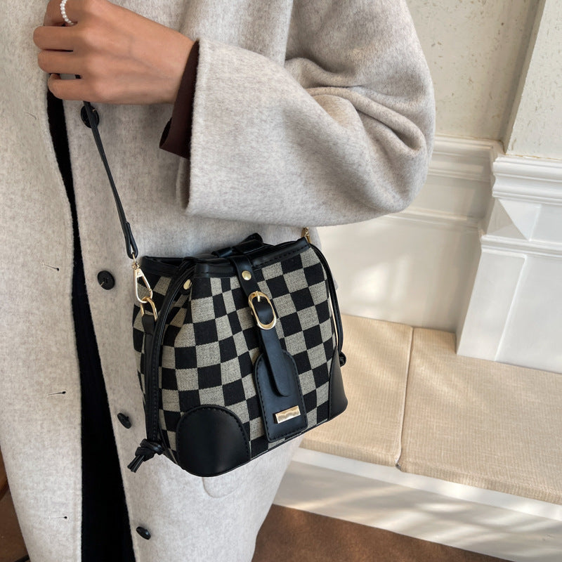 Checkered Drawstring Personality Bucket Bag Shoulder Bag Messenger Bag