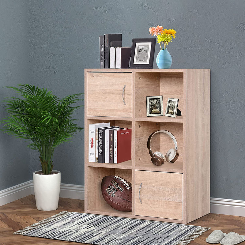 Libreria Scaffale in Legno, Mobiletto Multiuso Con 3 Ripiani 4 Scompartimenti E 2 Ante, 61.5X29.5X80Cm