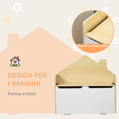 Panca Contenitore Portagiochi per Bambini in Legno E Schienale a Casetta, 62.5X34X61.5Cm, Bianco