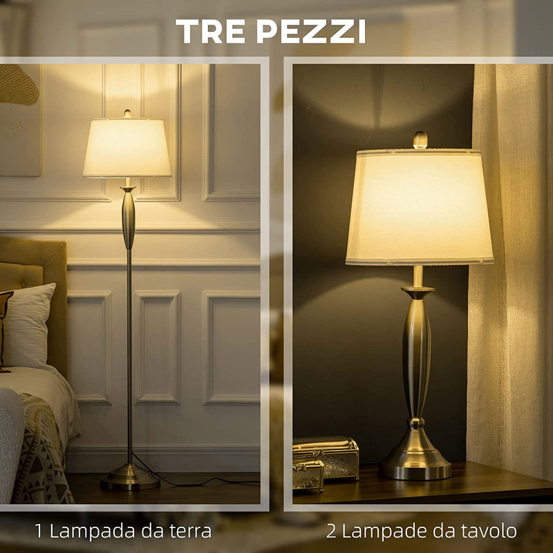 Set Con 1 Lampada Da Terra E 2 Lampada Da Tavolo in Acciaio E Tessuto per Illuminazione Interni Casa E Ufficio, Bianco E Argento