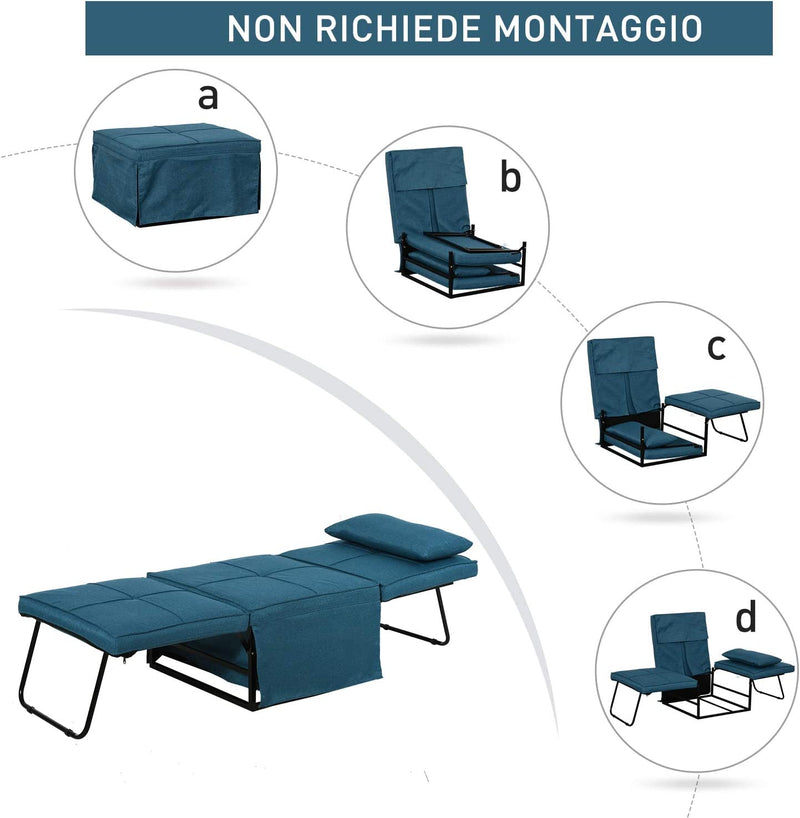 Brandina Pieghevole 2 in 1 Con Cuscino, Trasformabile in Pouf O Letto Singolo Con Schienale Regolabile, Blu