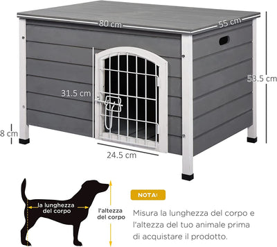 Cuccia per Cani Da Esterno, Casetta per Cani in Legno Impermeabile Con Porta Richiudibile E Rimovibile, 80X55X53.5 Cm, Grigia