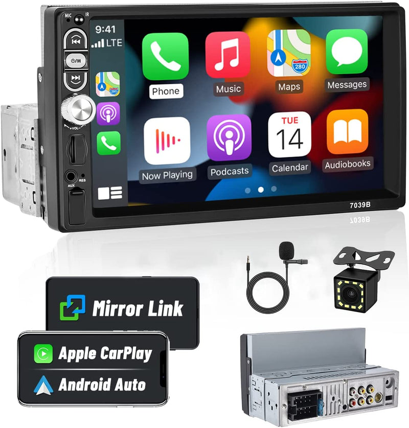 Autoradio 1Din Carplay Android Auto Stereo Auto Con 7 Pollici Schermo HD Touchscreen Radio Bluetooth Auto Con USB FM TF SWC Mirror Link (Retrocamera Inclusa)