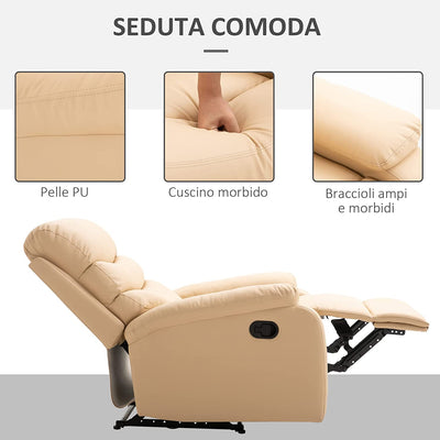 Poltrona Relax Reclinabile Con Con Finitura Elegante in Ecopelle E Imbottitura in Spugna Ad Alta Densità, 81X90X105Cm, Beige