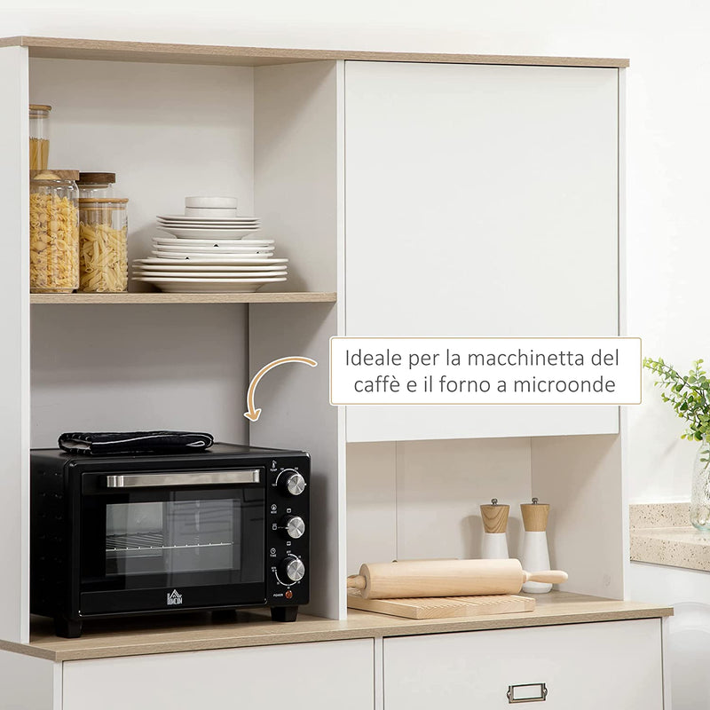 Dispensa Cucina in Truciolato E MDF Con Ripiani Aperti, Armadietti E Cassetto per Utensili Ed Elettrodomestici, 119X41X180 Cm, Bianco