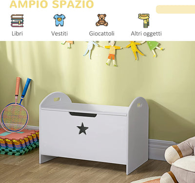 Baule Contenitore Portagiochi per Bambini (62X40X46.5Cm) in Legno Bianco Con Cerniere Di Sicurezza