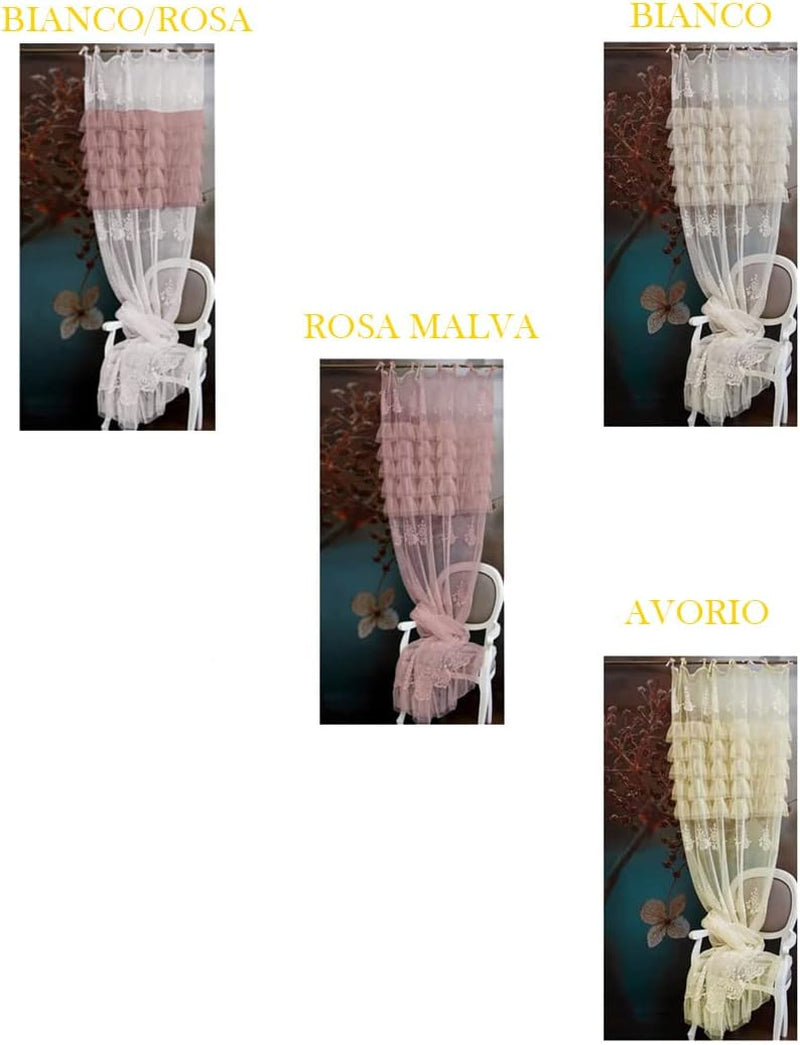 Tenda Camera Da Letto in Pizzo E Tulle, Collezione Andromeda, Shabby Chic 140X290 Cm 5 Varianti BIANCO/ROSA