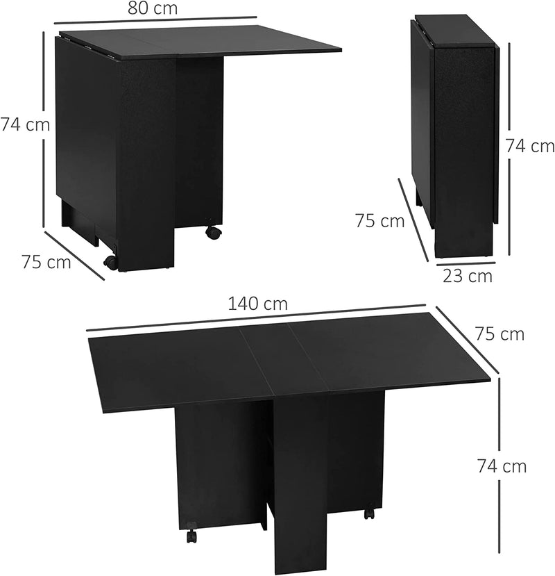 Tavolo Pieghevole in Legno per 4-6 Persone, Tavolo Da Pranzo Richiudibile Con Ruote, 75X140X74Cm, Nero