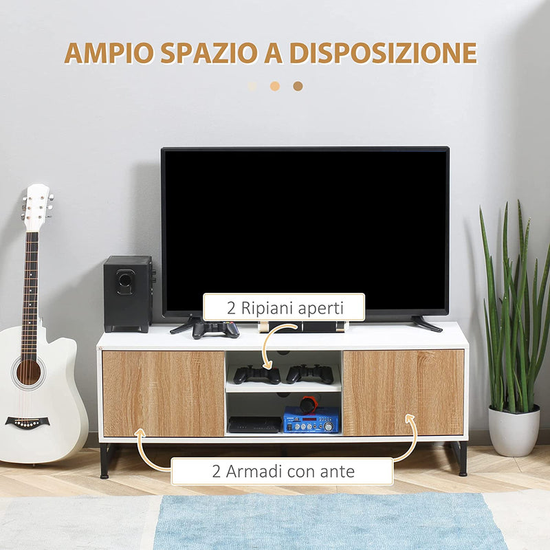 Mobile TV per Modelli Fino a 50" Max, Mobile TV Moderno in Truciolato E Acciaio Con 2 Ripiani Aperti E 2 Armadietti Chiusi, 120X39.5X45 Cm