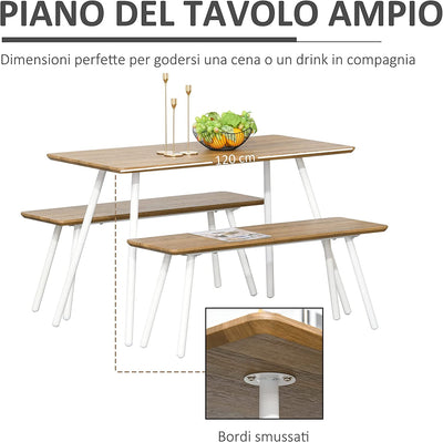 Set Tavolo Da Pranzo Con 2 Panche in Stile Nordico per Soggiorno, Salotto E Cucina, in MDF E Metallo, Bianco