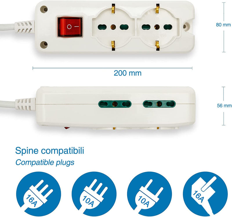 MULTIT-I-S24 Multipresa 6 Posti: 2 Schuko + 4 Bivalenti 10/16A, Cavo 1.5 M Ed Interruttore Luminoso, Bianca