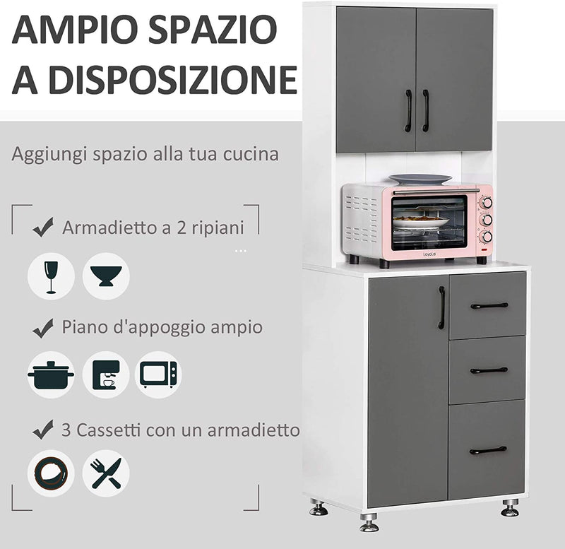 Credenza Alta Da Cucina Con Design Moderno, Madia Mobile Buffet in Legno Bianco E Grigio, 60X40X160Cm