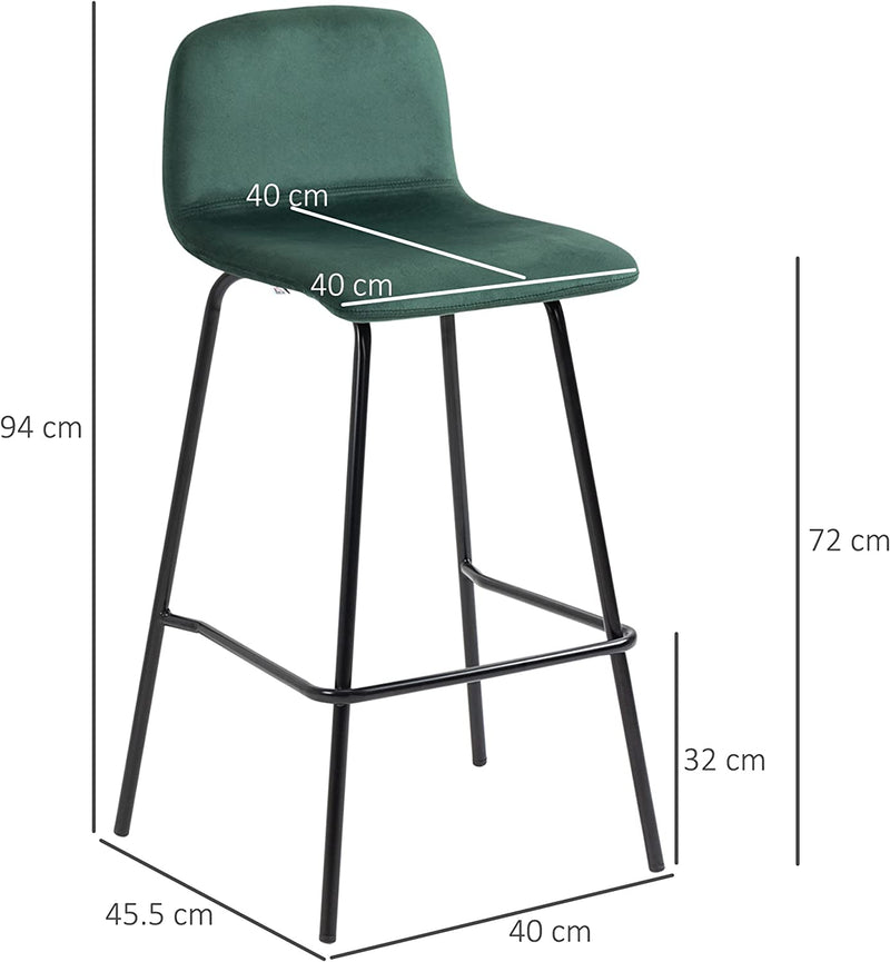 Set 4 Sgabelli Alti Con Poggiapiedi per Cucina E Bar, in Poliestere Vellutato, Acciaio E Gommapiuma, 40X45.5X94 Cm, Verde E Nero