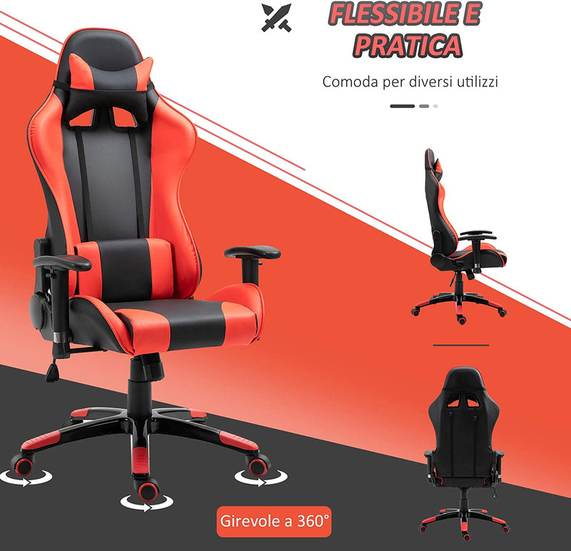 Sedia Gaming Professionale Girevole，Sedia Da Ufficio Reclinabile Con Sostegno Lombare E Collo PVC 67 X 67 X 123-132Cm Nero-Rosso