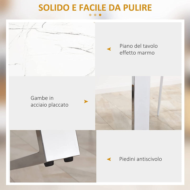 Tavolo Da Pranzo Rettangolare per 6-8 Persone Effetto Marmo, Tavolo Da Cucina E Soggiorno Con Gambe in Acciaio, 155X85X75Cm, Bianco