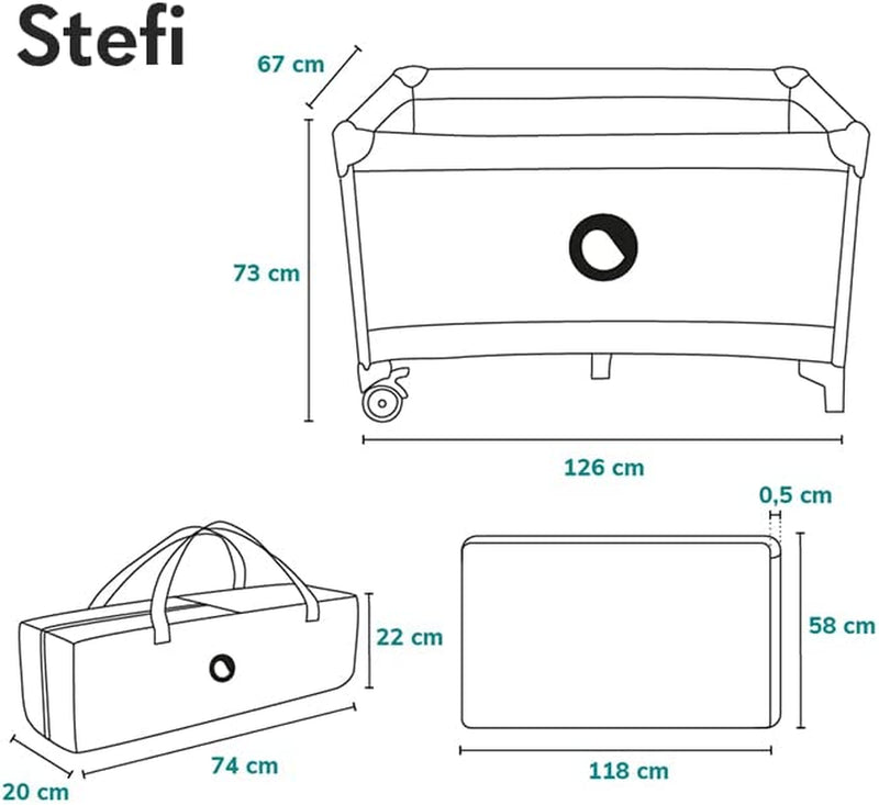 Stefi Lettino Neonato Da Viaggio Pieghevole Con Materasso, Dalla Nascita Fino a 3 Anni, Box Bambini Da Campeggio Con Entrata Laterale, Le Pareti Realizzate in Rete, Borsa, Route