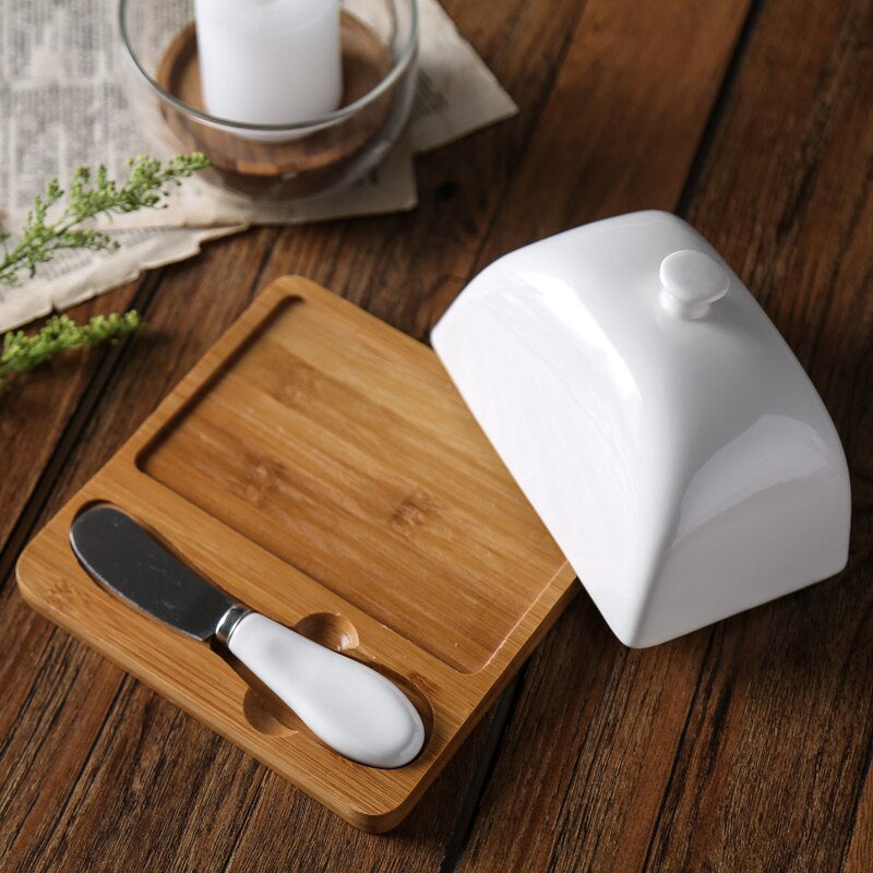 Simple Rectangle Ceramic Butter Dish with Lid Set