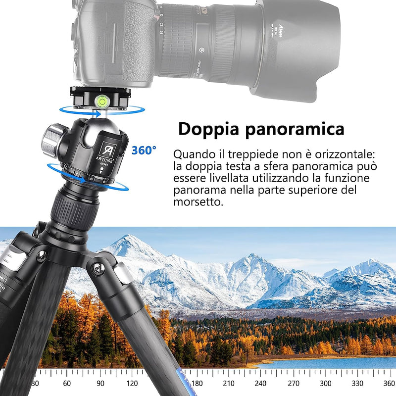 Testa per Treppiede a Basso Profilo, 44 Mm, in Metallo, Doppia Panorama Con Piastra a Sgancio Rapido Arca 1/4" per Treppiede, Monopiede, Cursore, Fotocamera DSLR, Portata: 25 Kg