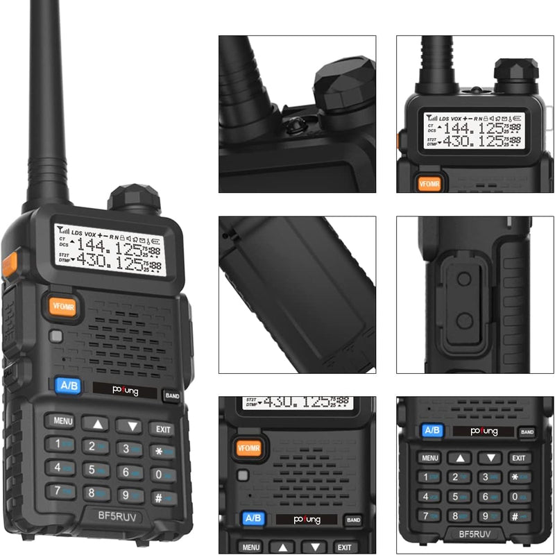 Walkie Talkie 5R Dual Band VHF/UHF Ricaricabile Radio Bidirezionale Con 128 Canali VOX Caricatore USB Lunga Distanza Due Vie Radio (Nero), (BF5RUV)