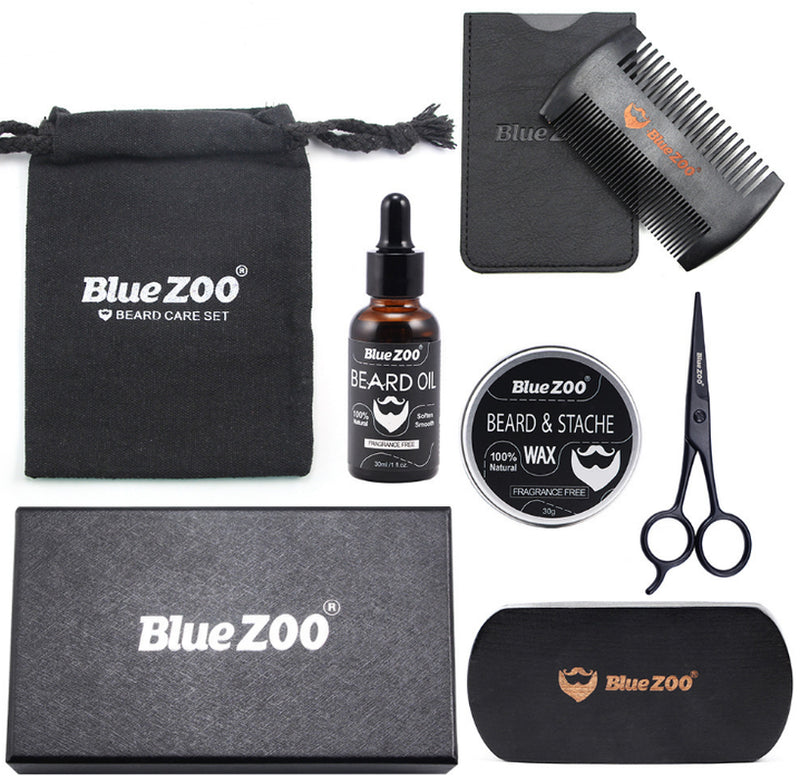 Black Bluezoo Beard Set Beard Oil Beard Wax Double Side Comb Brush Bag Small Scissors 7 Piece Set