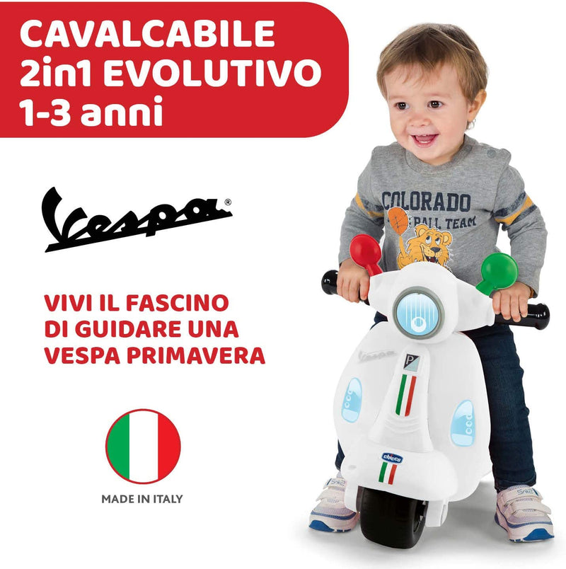 Vespa Primavera - Moto Giocattolo Cavalcabile Con Pannello Elettronico, Luci E Suoni, Ruote Di Supporto Rimuovibili, Max 20 Kg, per Bambini 1-3 Anni, Bianco