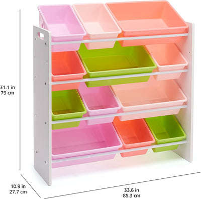 Organizer per Giocattoli per Bambini Con 12 Contenitori in Plastica, Legno Bianco E Contenitori Rosa, 10.9" X 33.6" X 31.1"