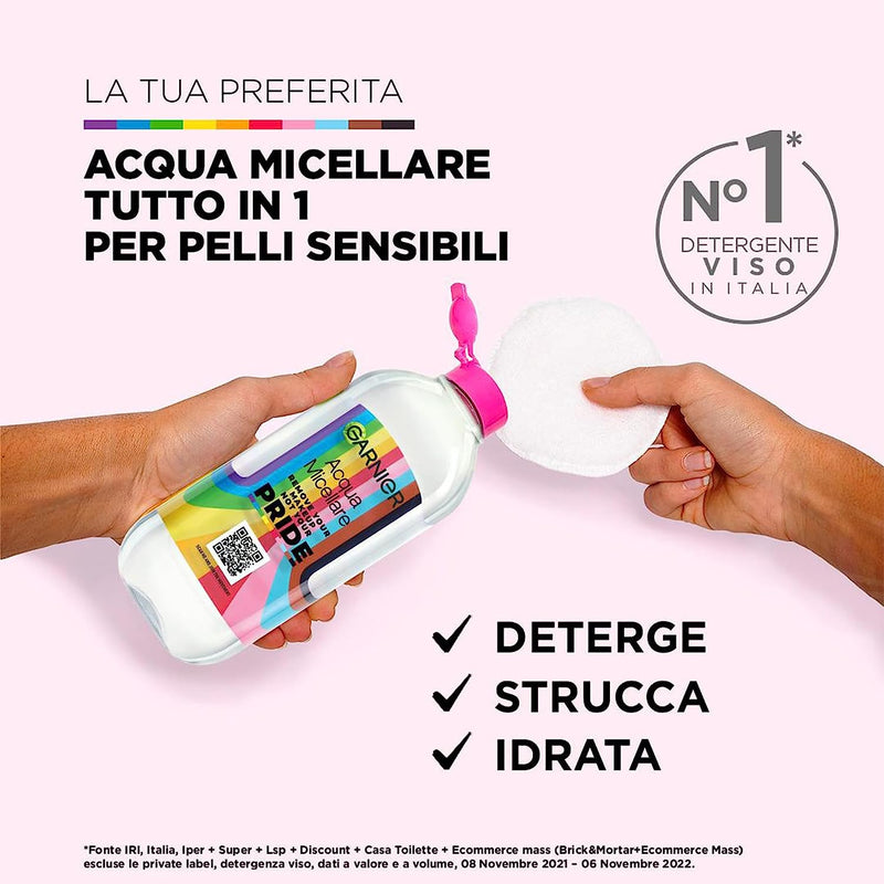 Skinactive Acqua Micellare Tutto in 1, per Pelli Sensibili, Senza Risciacquo, Formula Ipoallergica, Pride Edition, Maxi Formato, 400 Ml