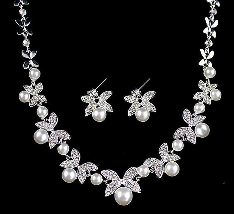 B0879 Bride Wedding Jewelry Accessories Wholesale Fashion Diamond Pearl Necklace Earrings Set Leaves the Atmosphere