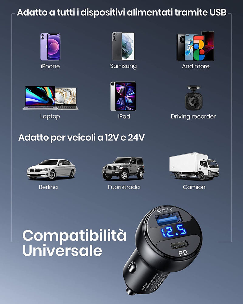 Caricabatterie Auto USB C, Totale 66W 6A 2 Porte (USB C + USB A) PD 3.0 4.0 QC Veloce Caricatore Auto Compatibili Con Iphone 14 13 12 Pro Max Huawei Samsung S21 Note Ipad Macbook Xiaomi Airpods