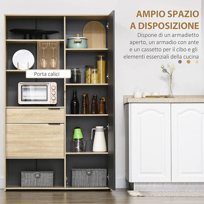 Credenza Moderna Con Armadietto E Cassetto, Madia Con Ripiani Regolabili E Porta Calici, 110X41.5X180Cm, Legno Naturale E Grigio