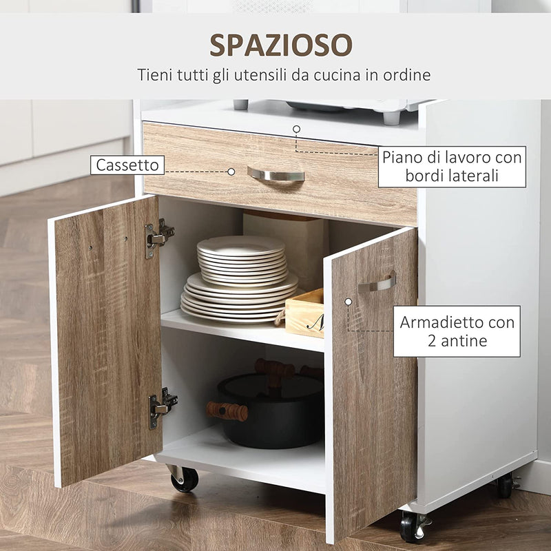 Carrello Da Cucina Portavivande per Microonde Con Cassetto, Armadietto E 4 Ruote, in Legno, 60X40X77Cm, Rovere