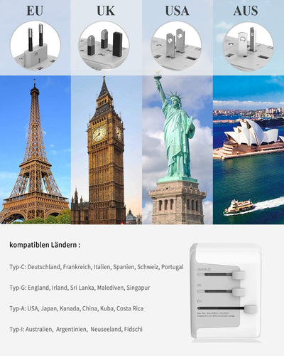 Presa Universale Da Viaggio,  Adattatore Universale, Adattatore Da Viaggio Con 4 USB E 1 Presa CA, Adattatore Presa Inglese/Americana/Europa/Australia, Adattatore Internazionale 2300W