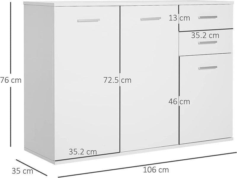 Armadietto Da Ufficio 3 Armadietti 2 Cassetti Legno 106X35X76Cm Bianco