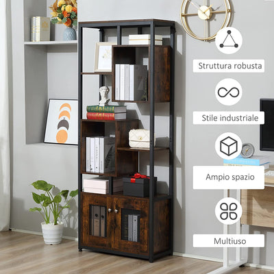 Mobile Libreria in Stile Industriale Con Armadietto a 2 Ante, Scaffale a 8 Ripiani per Casa E Ufficio, 70X30X180Cm, Marrone